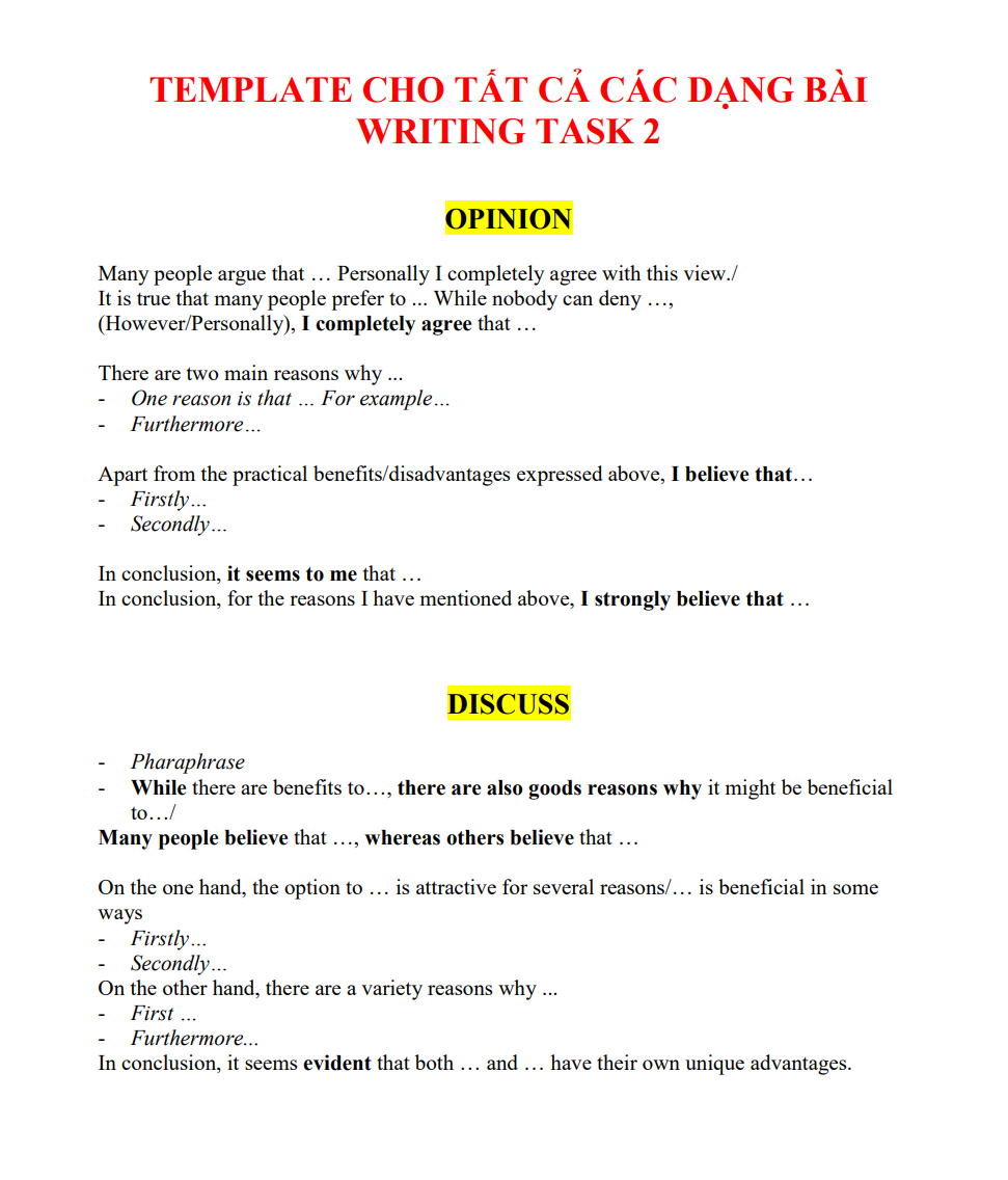TEMPLATE CHO TẤT CẢ CÁC DẠNG BÀI WRITING TASK 2 - NGỌC BÁCH