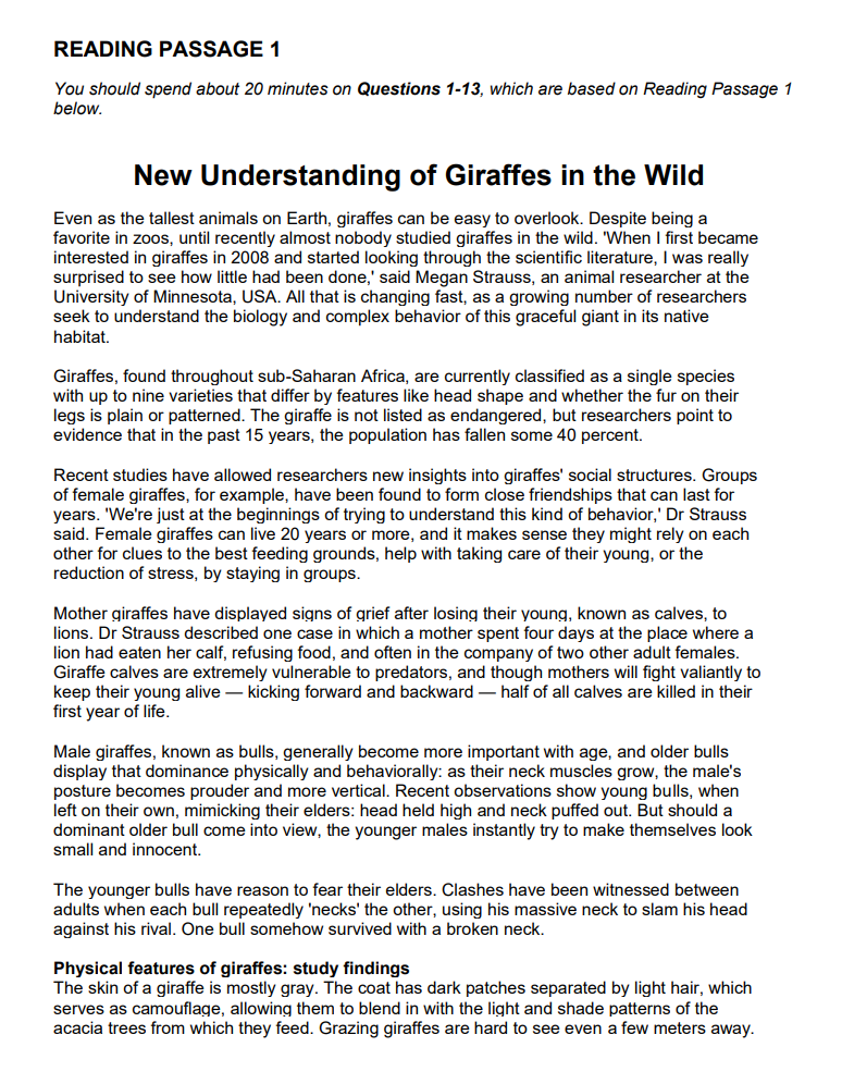 Passage 1 - New Understanding of Giraffes in the Wild